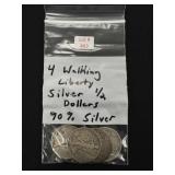 4 Walking Liberty Silver Half Dollars