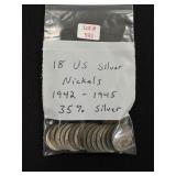 18 Silver War Nickels (1942-1945) 35% Silver