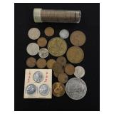 Assorted Wheat Pennies, Foreign Coins & Tokens