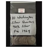 10 Washington Silver Quarters - all 90% Silver