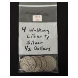 4 Walking Liberty Silver Half Dollars