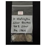 10 Washington Silver Quarters - all 90% Silver