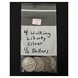 4 Walking Liberty Silver Half Dollars