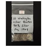 10 Washington Silver Quarters - all 90% Silver
