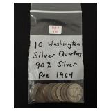 10 Washington Silver Quarters - all 90% Silver