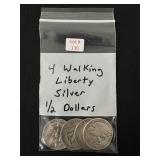4 Walking Liberty Silver Half Dollars