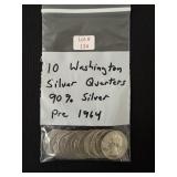 10 Washington Silver Quarters - all 90% Silver