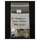 20 Roosevelt Silver Dimes - All 90% Silver