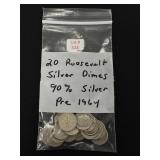 20 Roosevelt Silver Dimes - 90% Silver