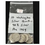 10 Washington Silver Quarters - 90% Silver