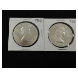 2 Canadian Silver Dollars (1962 & 1963) 80% Silver