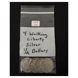 4 Walking Liberty Silver Half Dollars