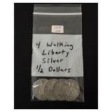 4 Walking Liberty Silver Half Dollars