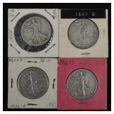 4 Walking Liberty Silver Half Dollars