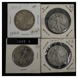 4 Walking Liberty Silver Half Dollars