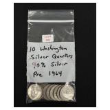 10 Washington Silver Quarters - 90% Silver