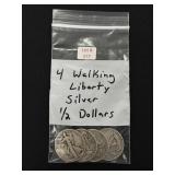 4 Walking Liberty Silver Half Dollars