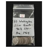 10 Washington Silver Quarters - 90% Silver