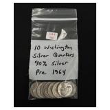10 Washington Silver Quarters - 90% Silver