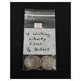 4 Walking Liberty Silver Half Dollars