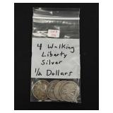 4 Walking Liberty Silver Half Dollars