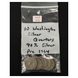 10 Washington Silver Quarters - 90% Silver