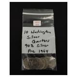 10 Washington Silver Quarters - 90% Silver