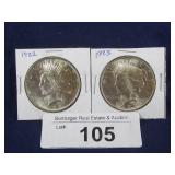 (2) PEACE SILVER DOLLARS: 1922 AND 1923;