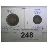 PAIR OF 1853 SEATED LIBERTY COINS: QUARTER WITH