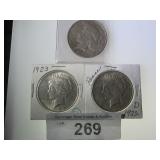 (3) PEACE SILVER DOLLARS: 1922-D, (2) 1923;