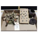 BUTTER PRESS, R.R. NAILS, BRASS SHIP WHEEL, BUTTER PRESS, R.R. NAILS, BRASS SHIP WHEEL,