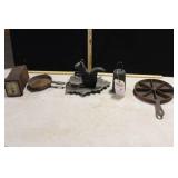 BOX W/ CAST ITEMS, WEIGHT, NUT CRACKER, 2 SKILLETS