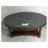OVAL SLATE TOP COFFEE TABLE W/ WOOD BASE