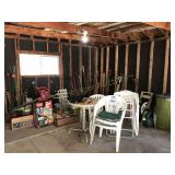 OUTDOOR SHED ITEMS, BARBED WIRE, STICK TOOLS,