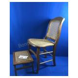 VINTAGE CANED CHAIR  AND FOOTSTOOL