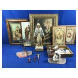 RELIGIOUS ITEMS: 21" MARY STATUE, SOAPSTONE SLABS