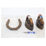 2 METAL IRONS AND HORSE SHOE