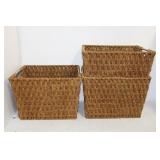 3 WOVEN BASKETS, STRAW HATS