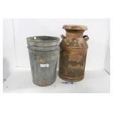 PAINTED METAL MILK CAN, 2 GALVANIZED PAILS