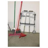WALKER, SHOWER BENCH AND GROUPING OF BROOMS