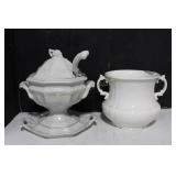 WHITE GLASS SOUP TUREEN AND CHAMBER POT