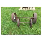 2 CAST IRON WHEELS & AXLES