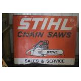 STIHL CHAIN SAW SIGN METAL ON A WOODEN FRAME