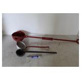 TWO SMELTING LADLES AND ONE ENAMEL LADLE