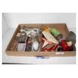 ASSORTED TINS, TOYS, ICE PICKS, BRUSH