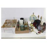 GROUPING OF WICKER BASKESTS, GLASS AND LAMPS