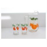 MID CENTURY GLASS PITCHER AND CUPS