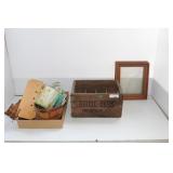 WOODEN CRATE, FRAMES AND CHALKBOARD