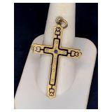 ANTIQUE ENAMEL CROSS W/ SEED PEARLS & SAPPHIRE