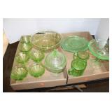 14 PIECES OF GREEN DEPRESSION GLASSWARE
